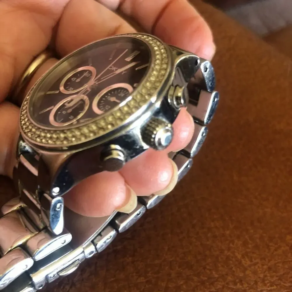 DKNY womens silver watch large dial rhinestone bezel